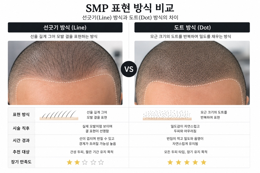 SMP 라인 기법으로 모발의 결을 표현한 두피문신 시술 예시